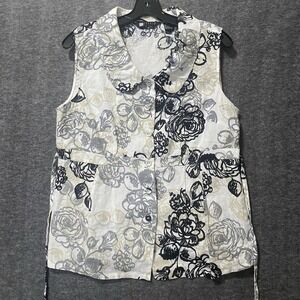 Carol Little Linen Top Womens Large Black Gray Floral Button Tie Waist Resort‎